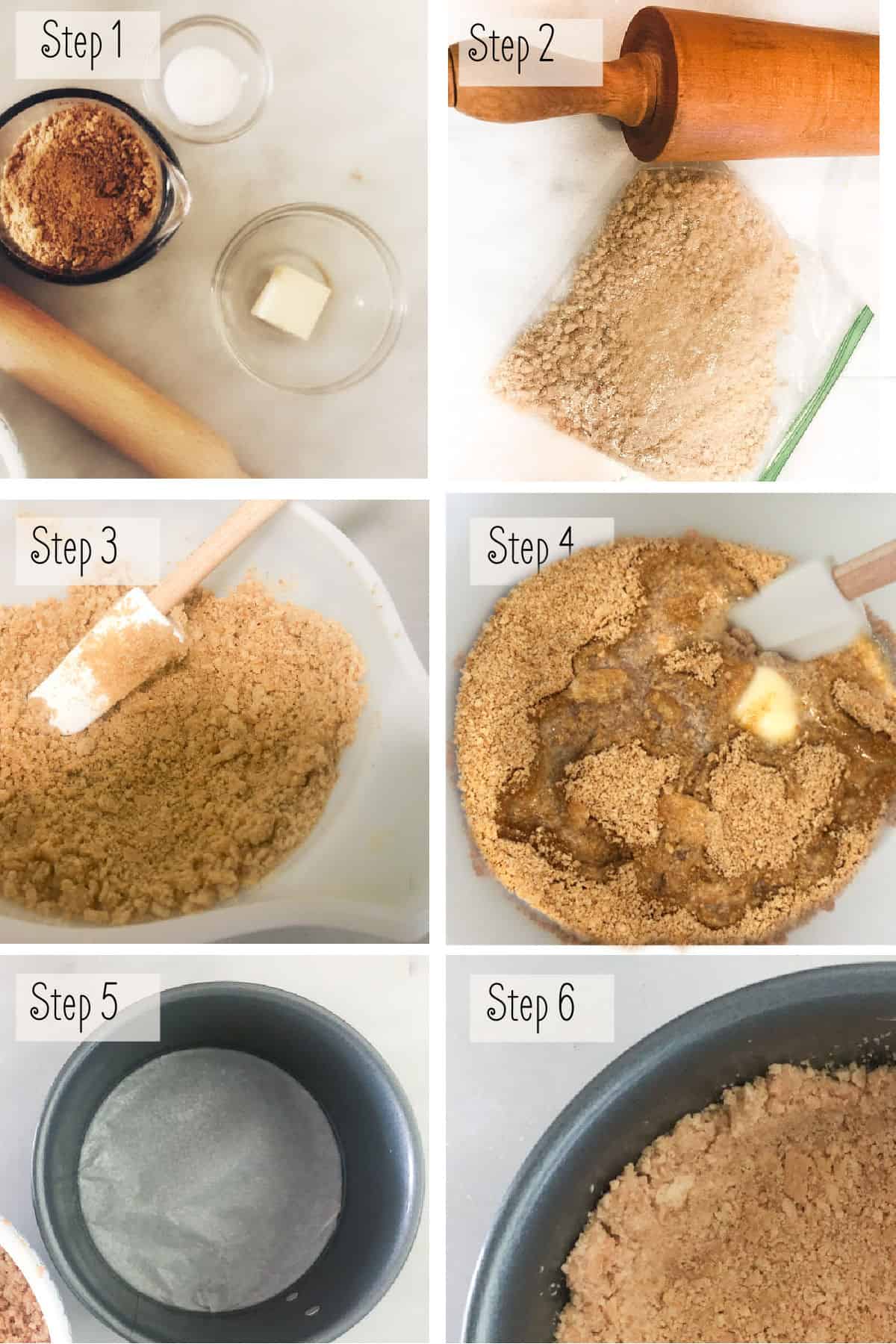 Collage of steps to mix together a graham cracker crust showing a measuring cup, rolling pin, crushed graham crackers, butter and sugar.