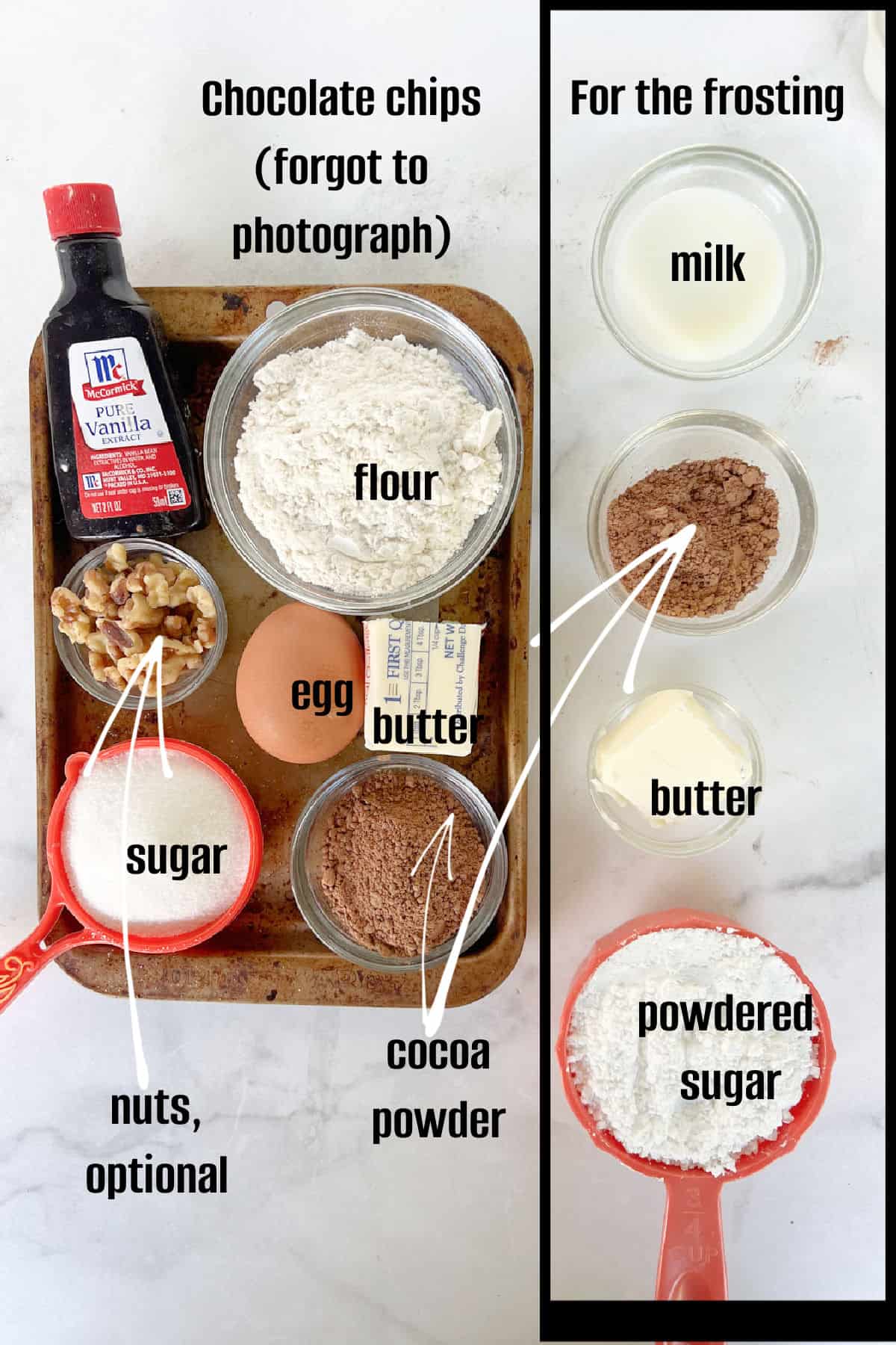 Ingredients measured t o bake brownies with frosting.