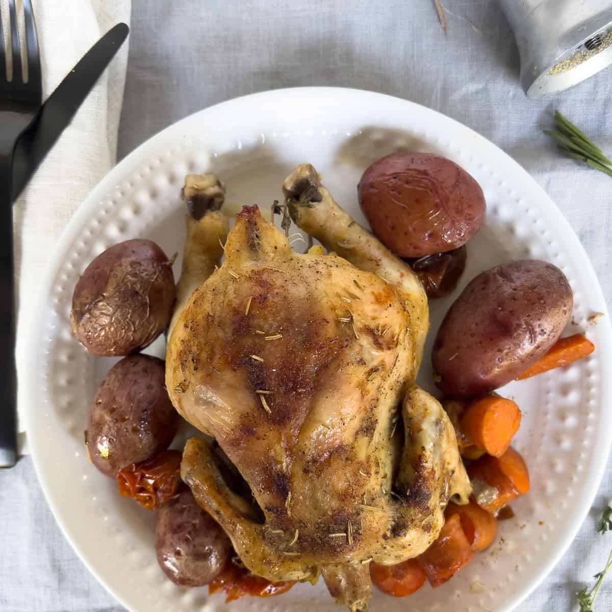 Cornish hen, potatoes and carrots on white plate.