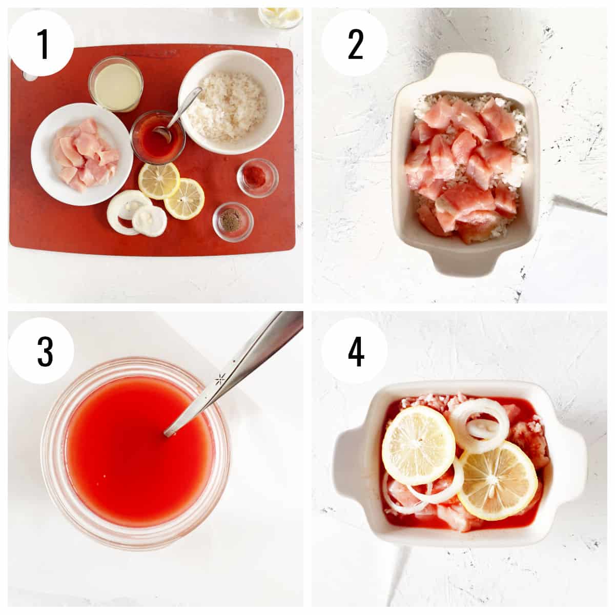 Collage of steps to make a lemon chicken casserole with rice.
