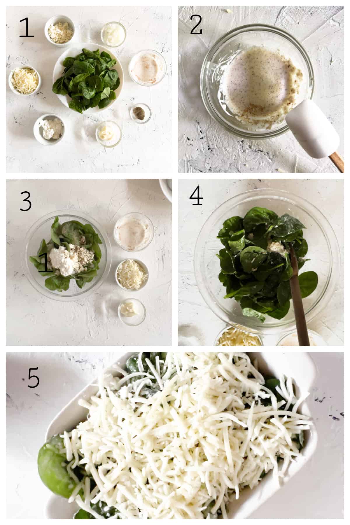 Collage of recipe steps to make a single serving spinach casserole.