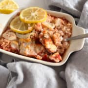Single serving of lemon chicken and rice casserole dish.