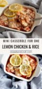 Diced lemon chicken over rice in small casserole dish.