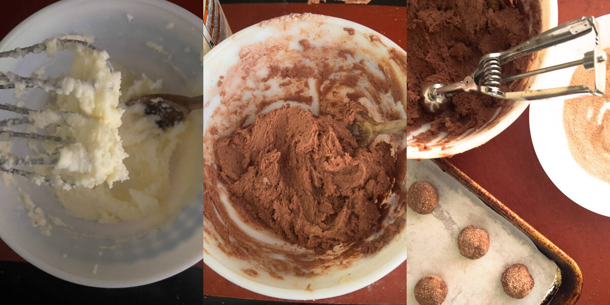 Collage of steps to make chocolate peanut butter Snickerdoodles. Cookie dough in bowl and on a sheet pan.