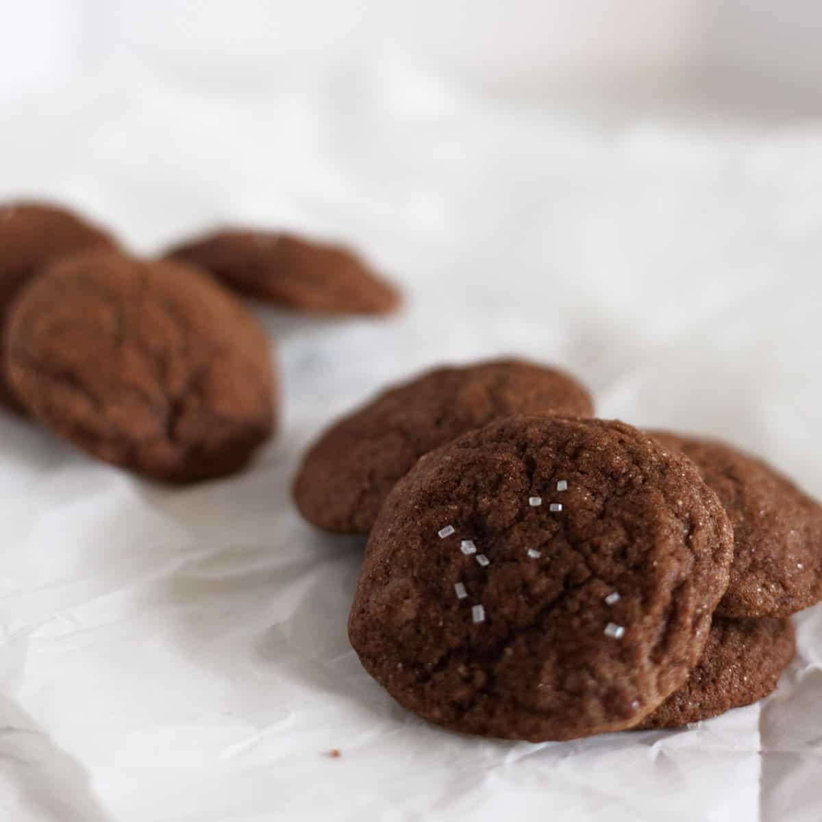 Chocolate Snickerdoodle cookies on parchment paper.