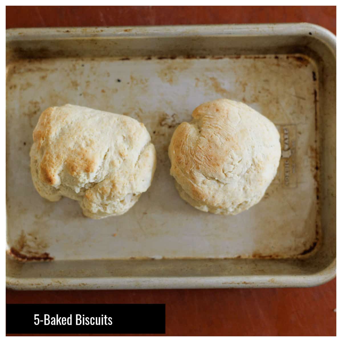 Two baked biscuits on baking sheet.