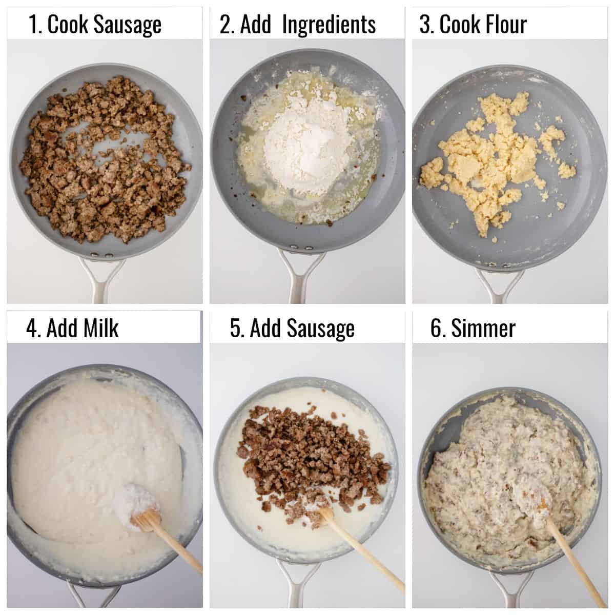 Collage of steps to make a sausage gravy.