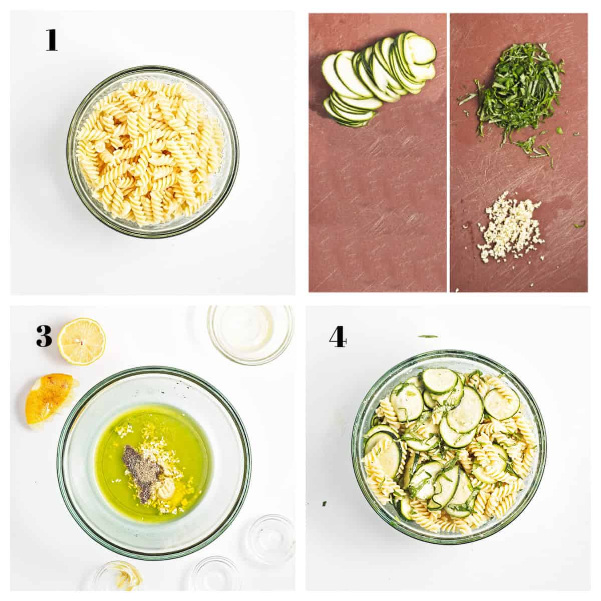 Collage of pasta, zucchini, garlic, basil, and salad dressing.