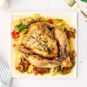 Cornish hen on bed of vegetables on square plate.