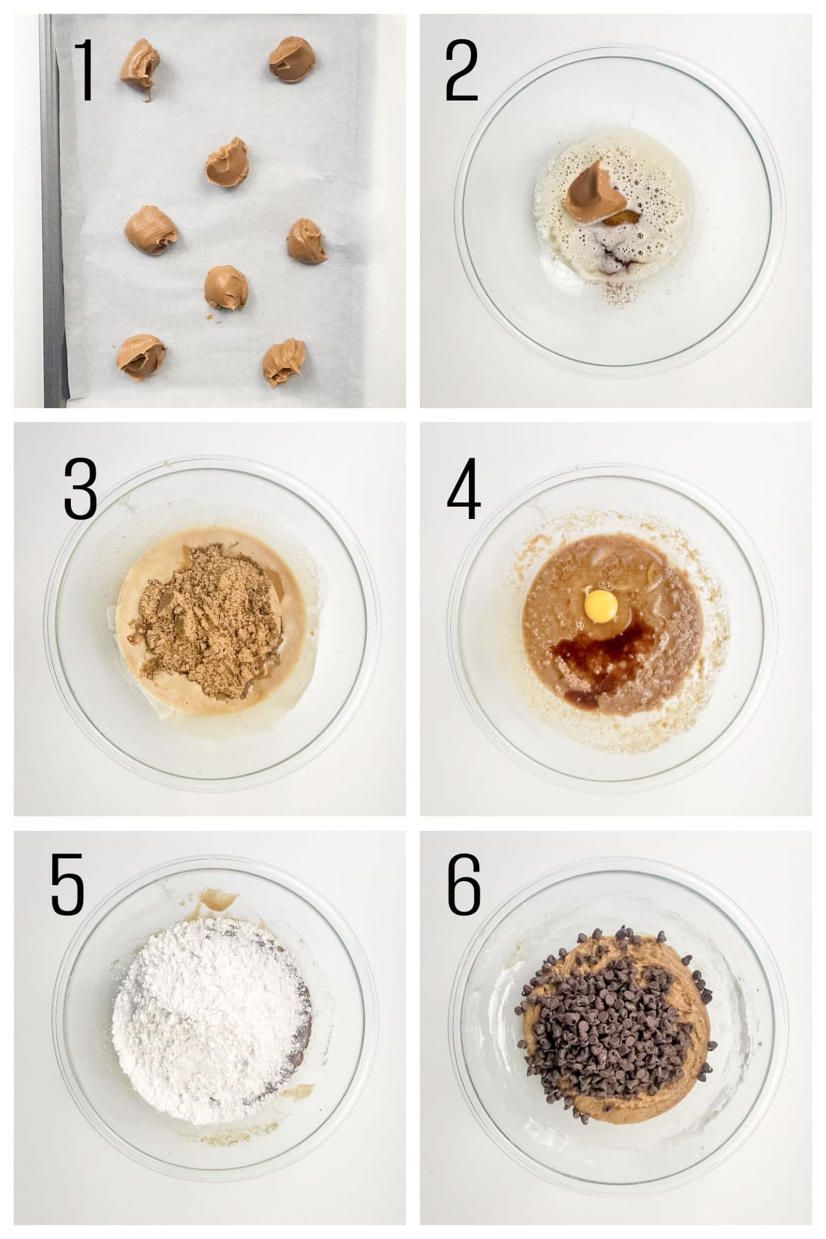 Collage of mixing chocolate chip biscoff dough in various stages in clear bowls.