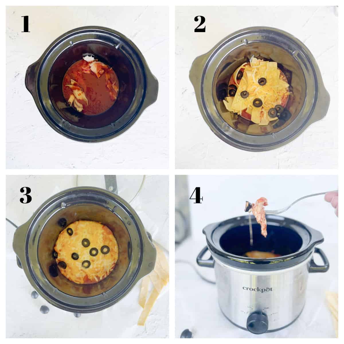Collage with 2 quart slow cooker with chicken, enchilada sauce, tortillas and olives cooking.