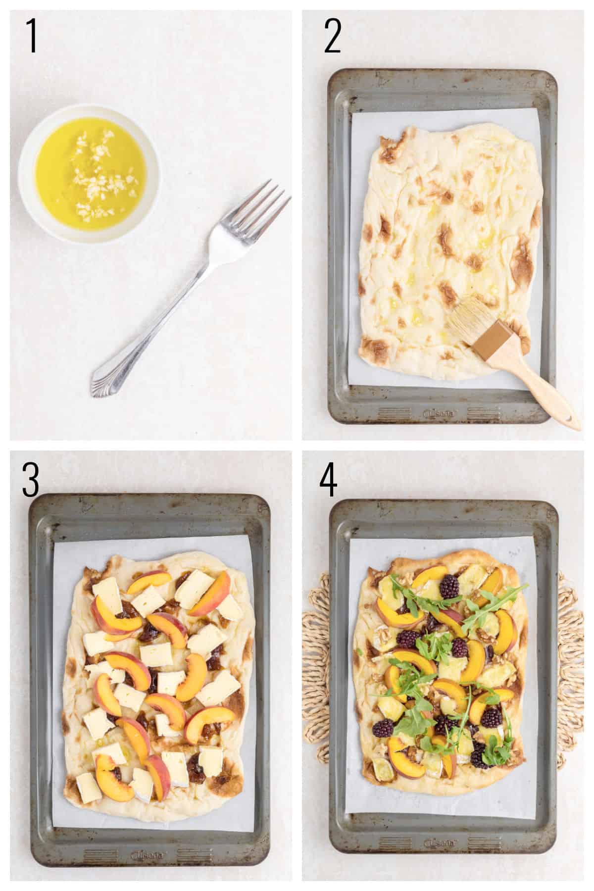 Step-by-step flatbread: oil and garlic, dough on tray, topped with fruit and cheese, then finished with greens.