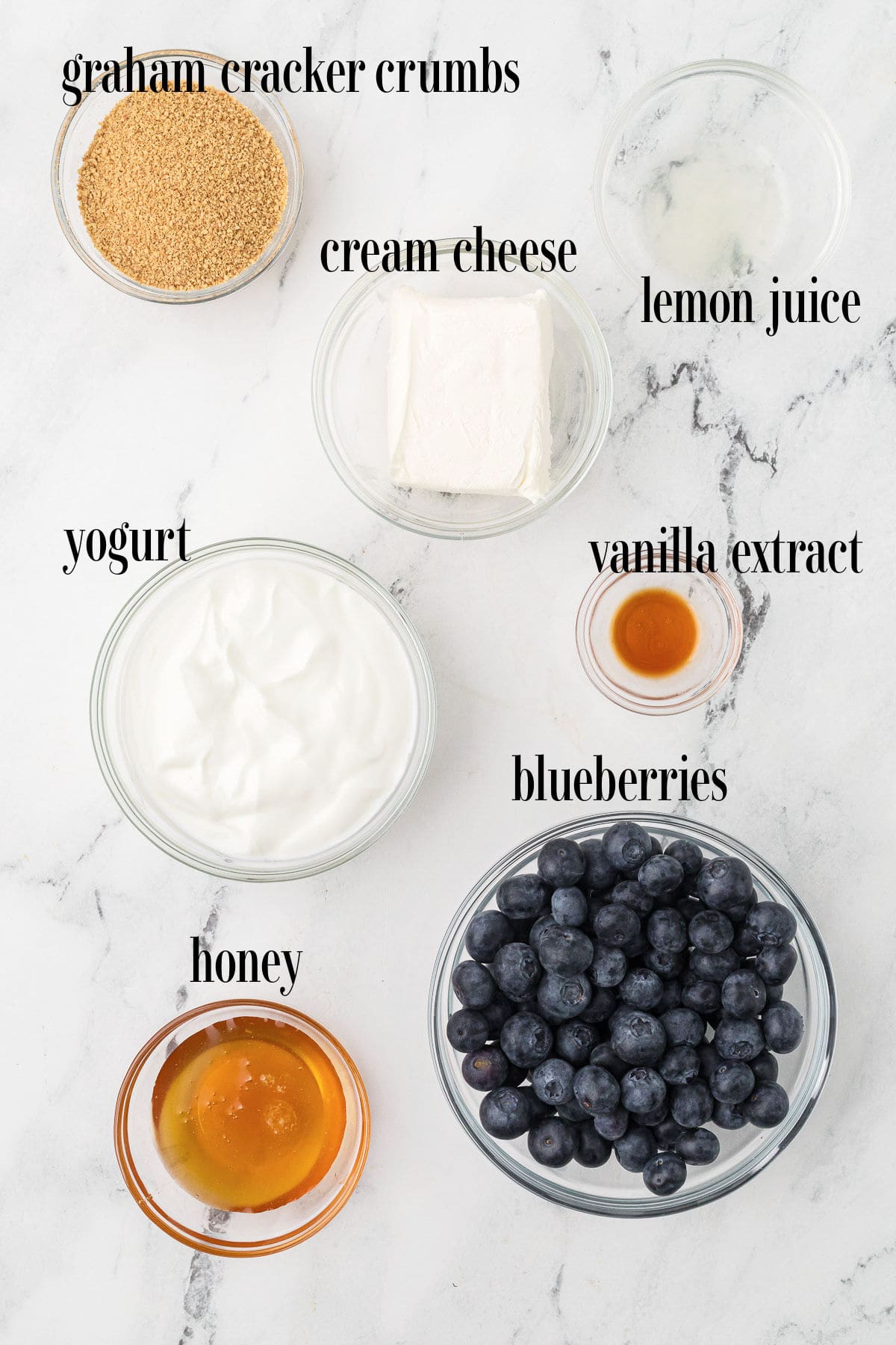 Ingredients on a marble surface: graham crumbs, cream cheese, lemon juice, yogurt, vanilla, honey, and blueberries.