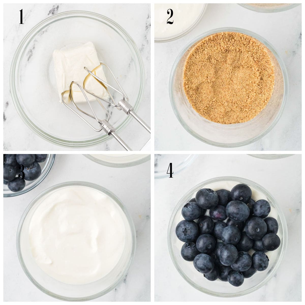 Four bowls: cream cheese with beaters, graham cracker crumbs, whipped cream, and fresh blueberries.