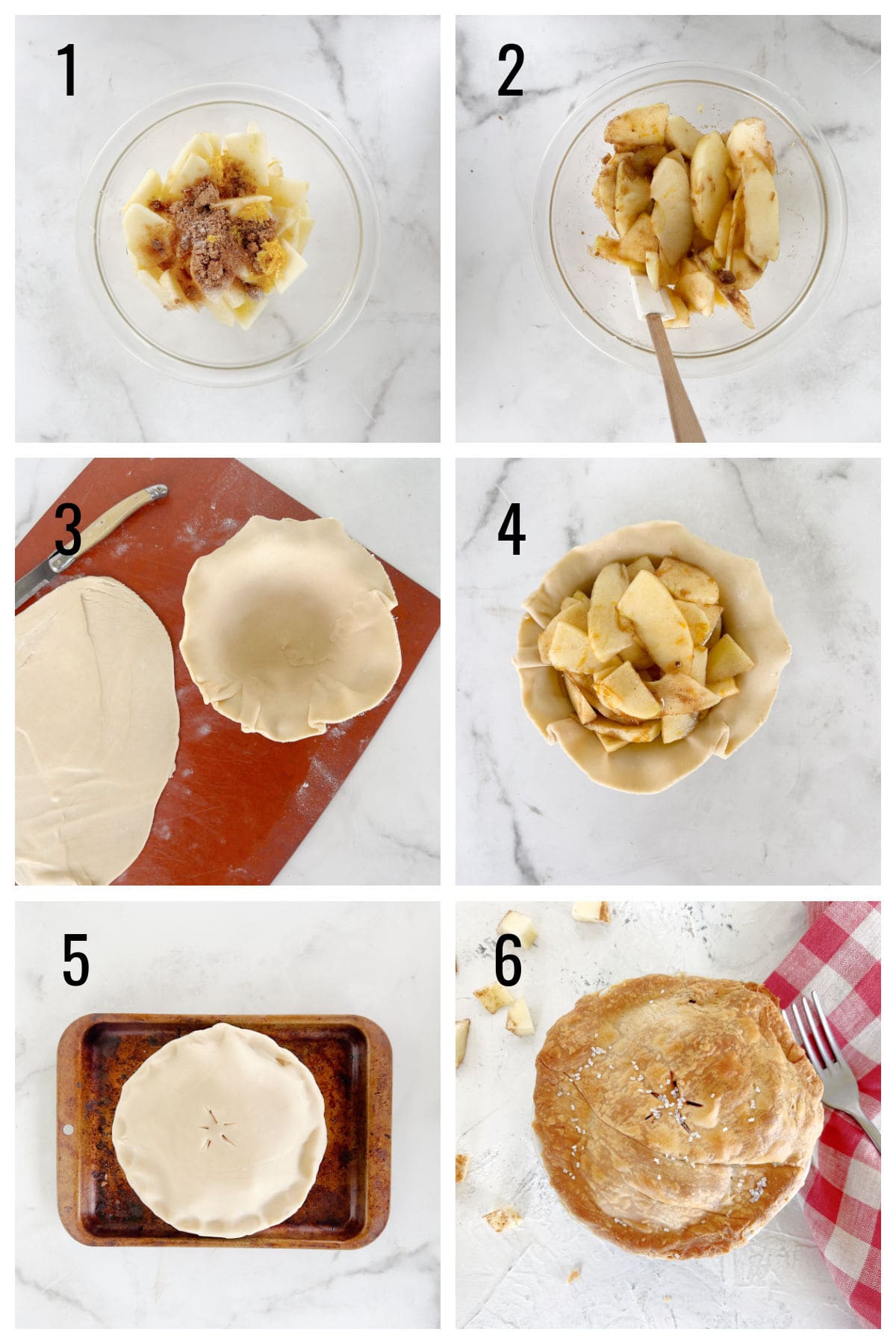 Six-step photo guide showing apple pie assembly, from filling and dough to baked golden pie with a cut slice.