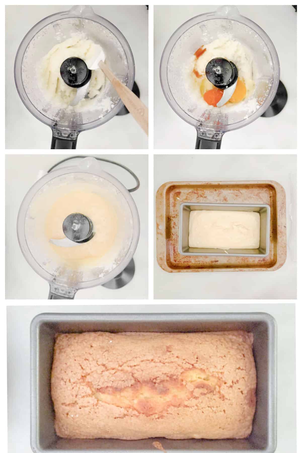 Step-by-step process of making a mini pound cake: mixing ingredients in a food processor, pouring batter into a pan, and the baked finished loaf in a rectangular pan. Step-by-step process of making a loaf cake: mixing ingredients in a food processor, pouring batter into a pan, and the baked finished loaf in a rectangular pan.