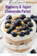 A glass dessert bowl of blueberry and yogurt cheesecake parfait topped with fresh blueberries and crumb topping.
