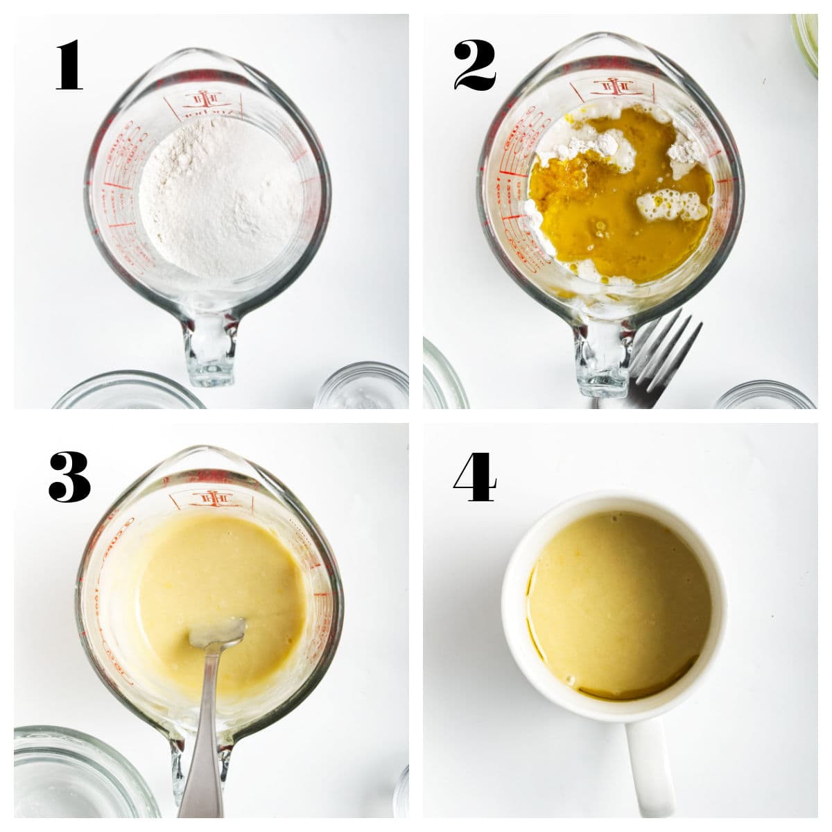 Four-step process showing flour in a measuring cup, adding wet ingredients, mixing with a fork, and the resulting smooth batter in a mug. Four-step process showing flour in a measuring cup, adding wet ingredients, mixing with a fork, and the resulting smooth batter in a mug.