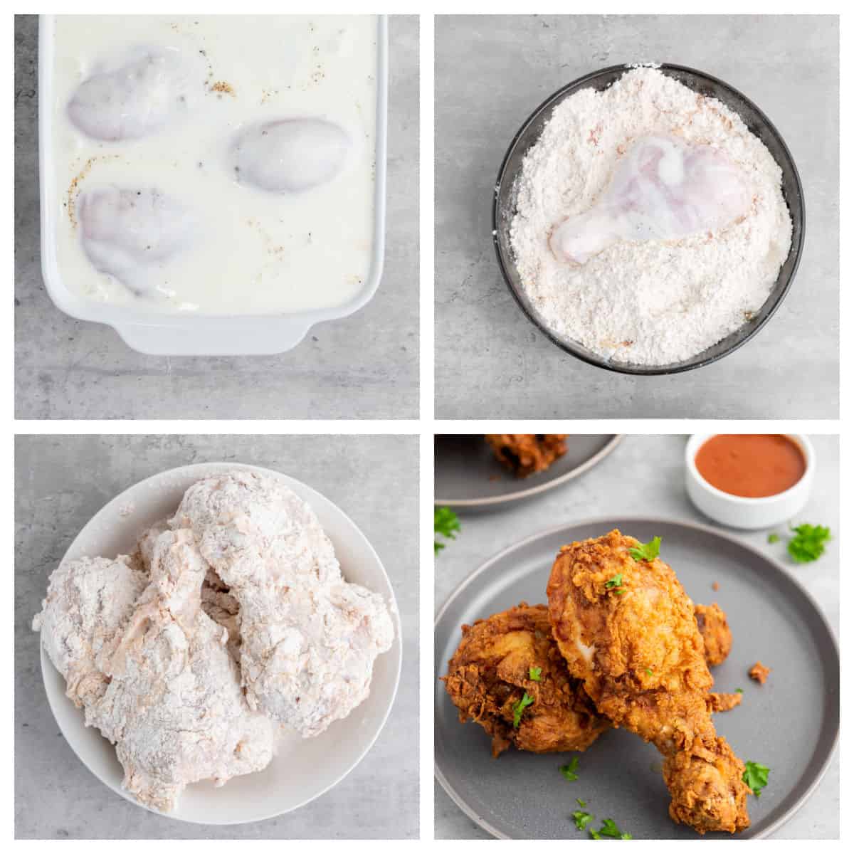 Four-step process of making fried chicken: marinating chicken in buttermilk, coating in flour, uncooked floured chicken, and finished fried chicken served on a plate.