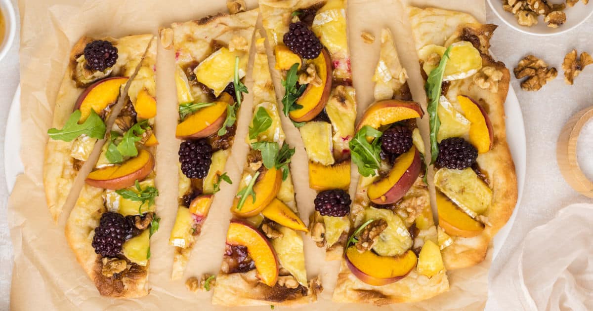 Sweet & Savory Peach + Blackberry Brie Flatbread Pizza