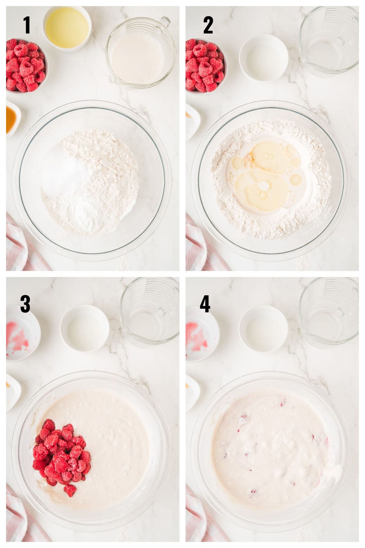 Four-step collage showing flour and liquid ingredients being mixed, then raspberries added and stirred into pancake batter.