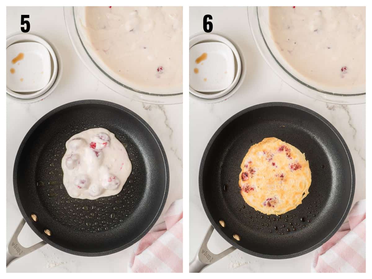 Two side-by-side pans: left, uncooked raspberry pancake batter; right, cooked raspberry pancake .