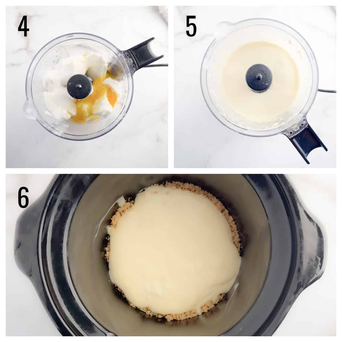 Step-by-step cheesecake making: blend cream cheese and egg, mix smooth, then pour into crust in slow cooker.