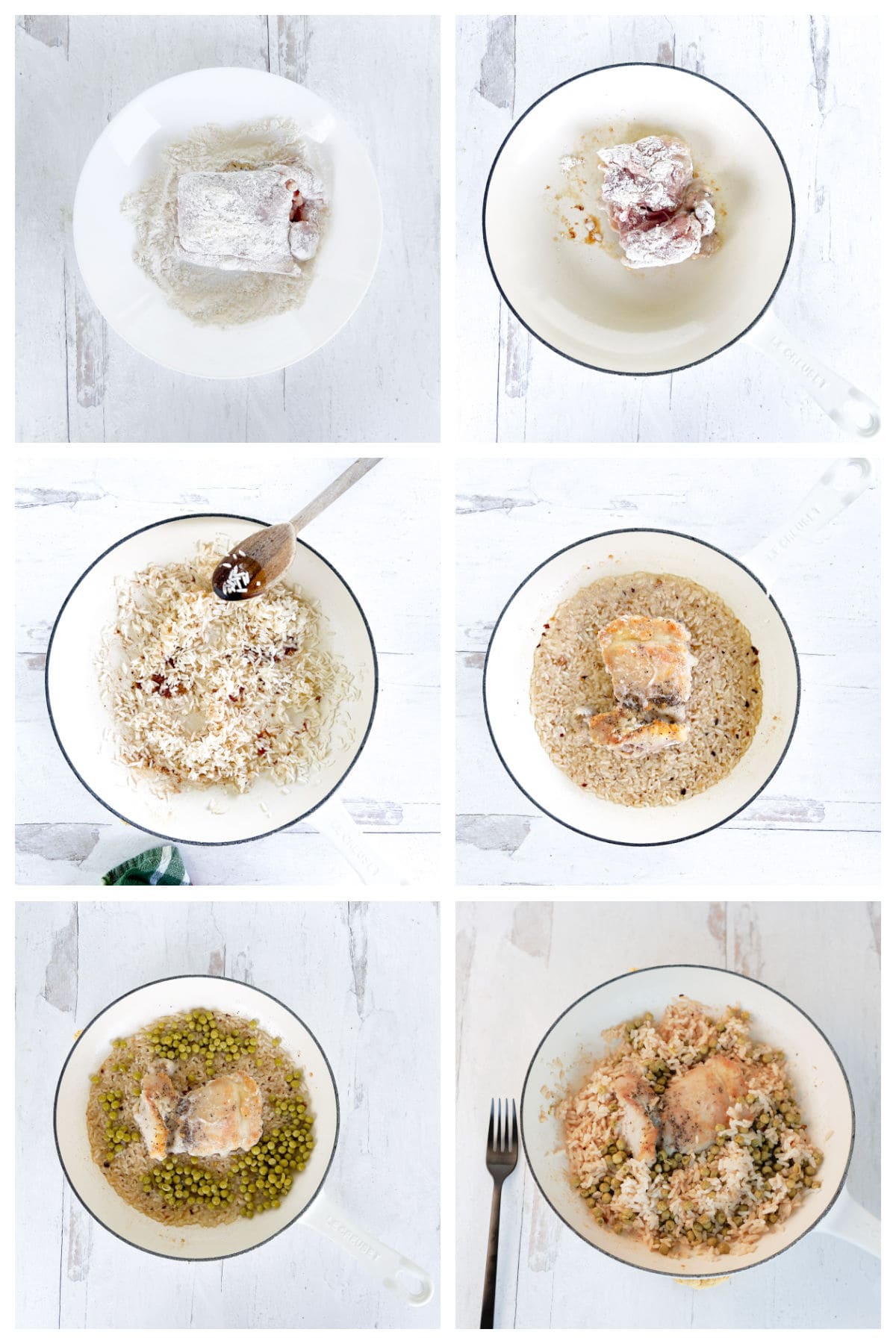 Six-panel image showing steps of a chicken and rice recipe: chicken coated in flour, added to pot with rice, liquid, and peas, then cooked until completed.