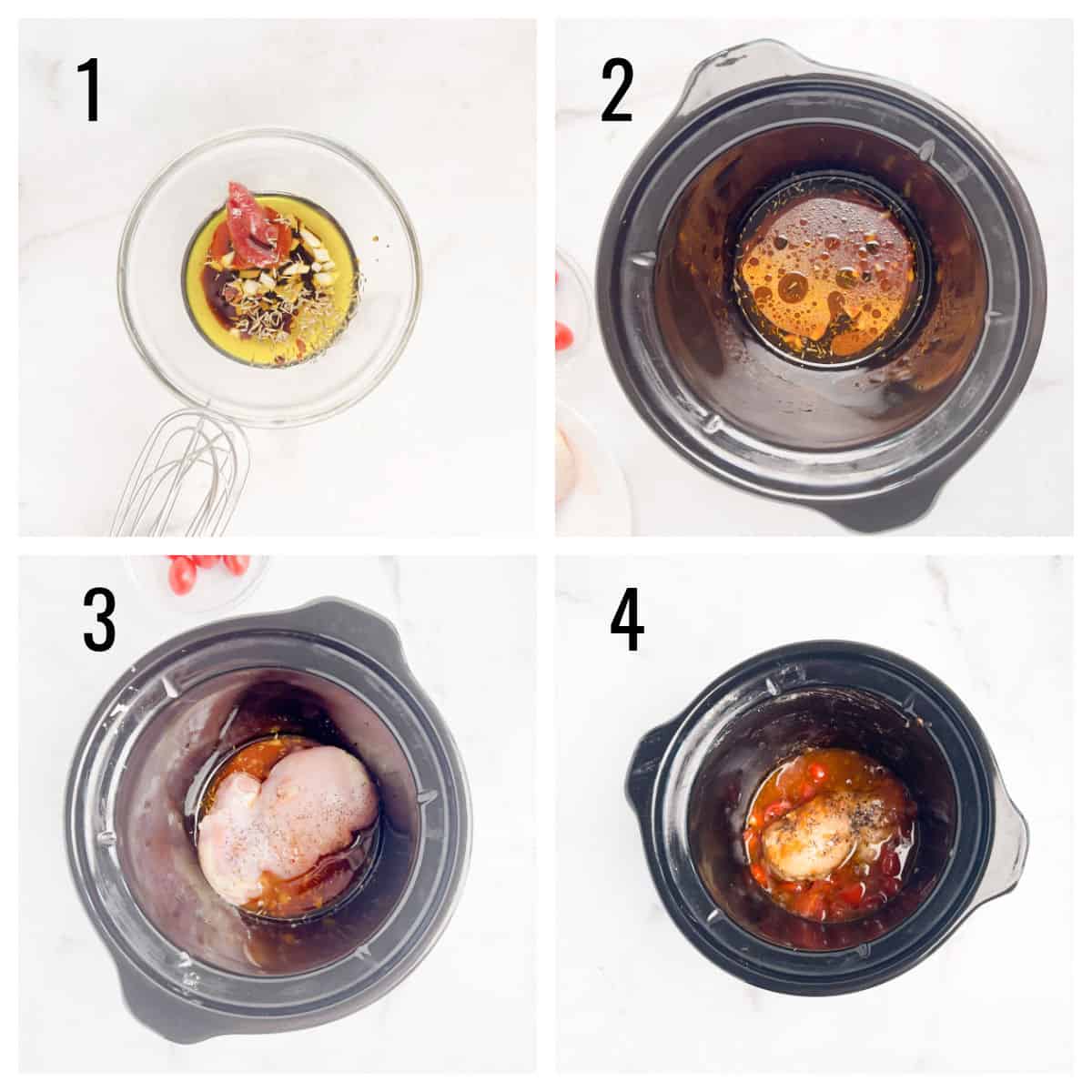 Step-by-step images of making a slow cooker balsamicchicken dish, showing sauce preparation and cooking stages.