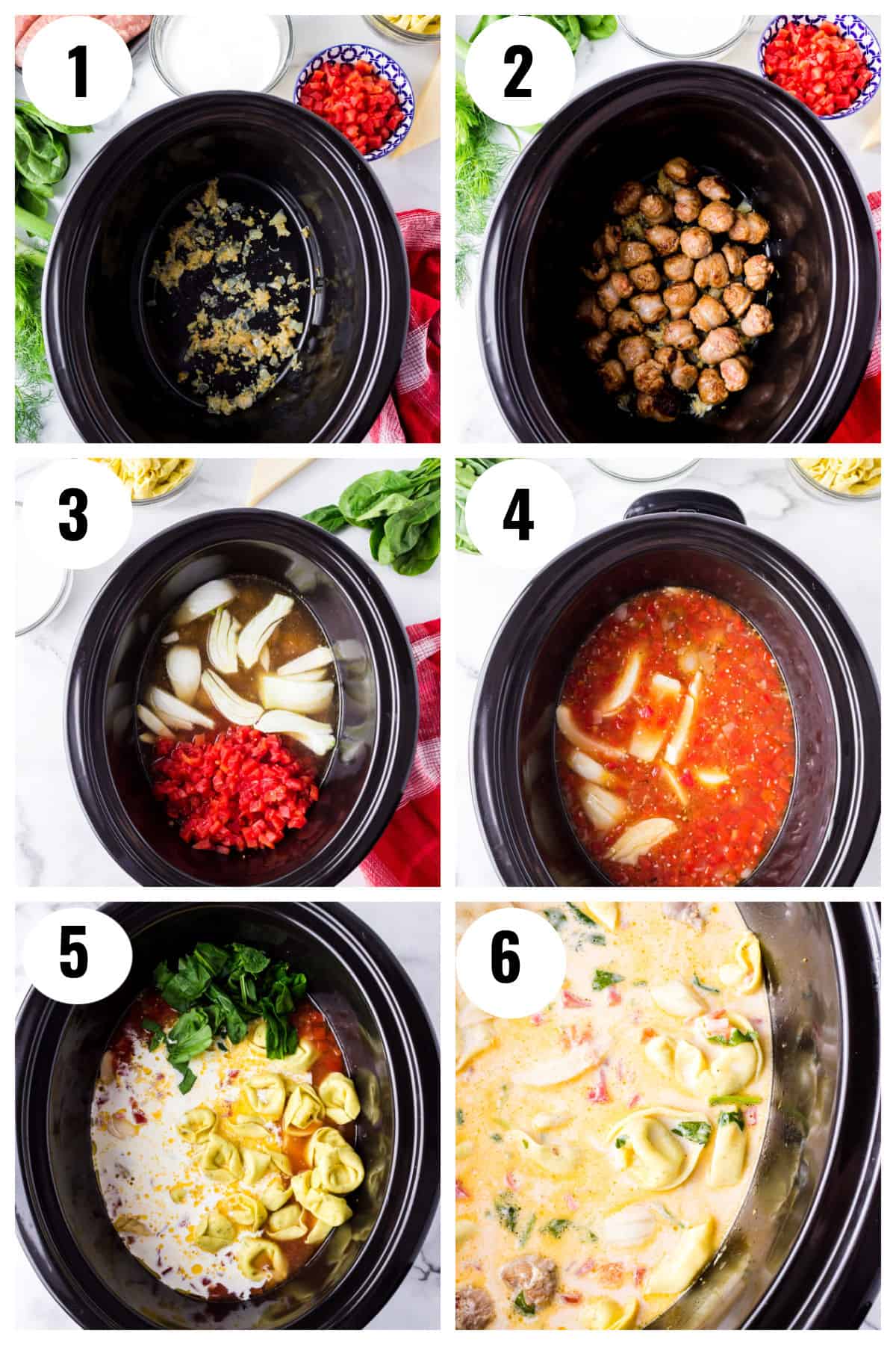 A step-by-step collage showing how to make tuscan tortellini soup in a slow cooker with veggies, meat, and tortellini.