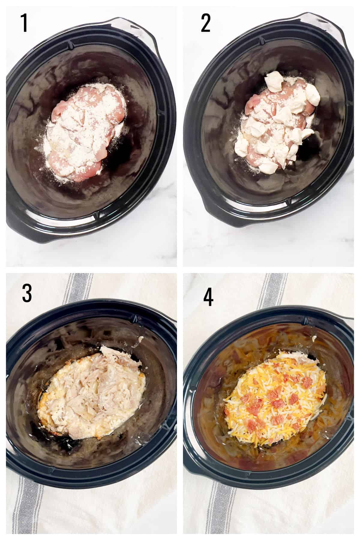 Four pictures show how to make ranch chicken in a small slow cooker.