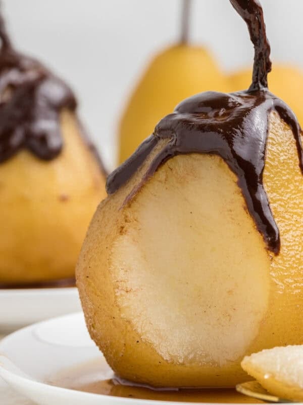 Two Poached Pears and Chocolate Sauce