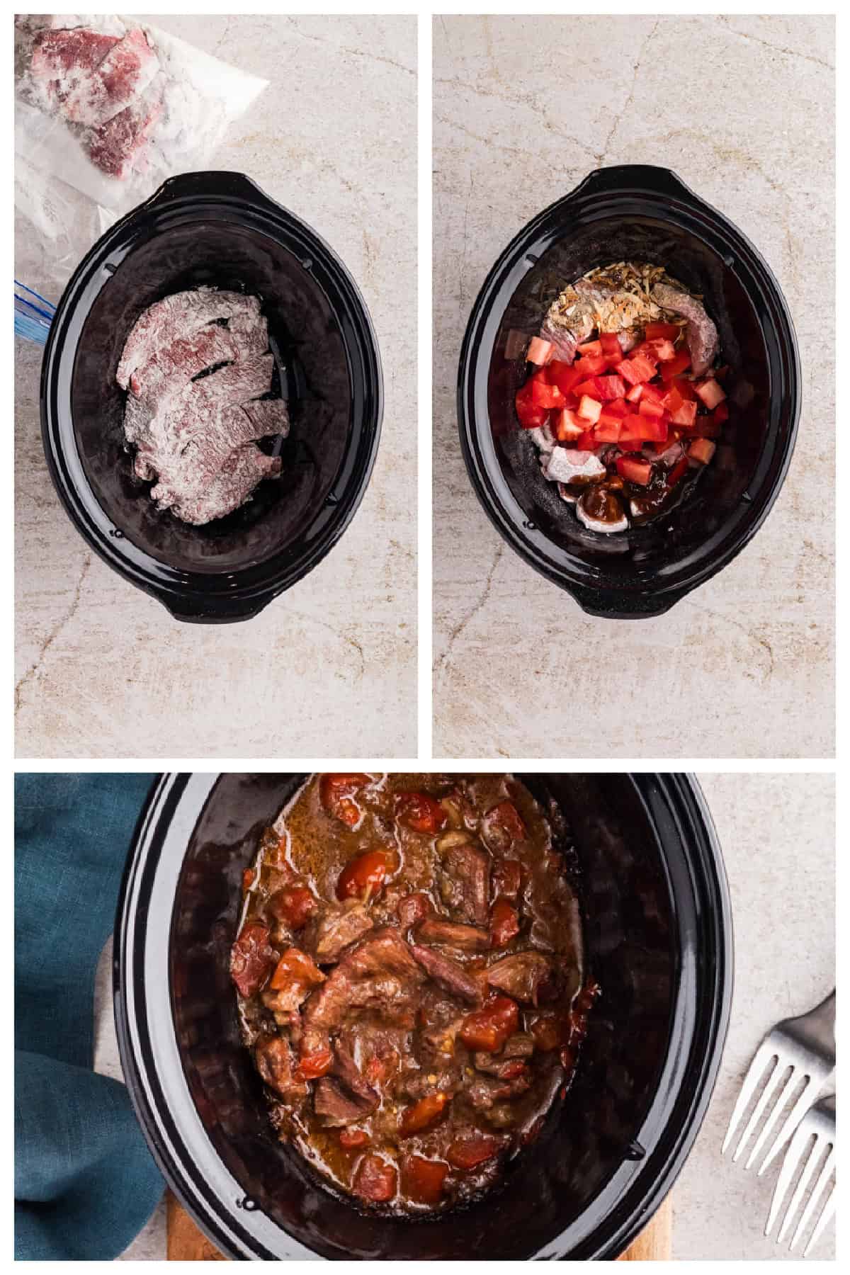 Three-panel image showing a slow cooker with frozen meat, then with added chopped tomatoes, onions, and sauce, and finally the cooked dish with a fork and napkin beside the slow cooker.