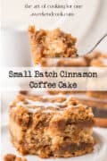 A close-up of a fork holding a bite of cinnamon coffee cake, with a larger piece of the cake on a plate in the background. Text reads Small Batch Cinnamon Coffee Cake.