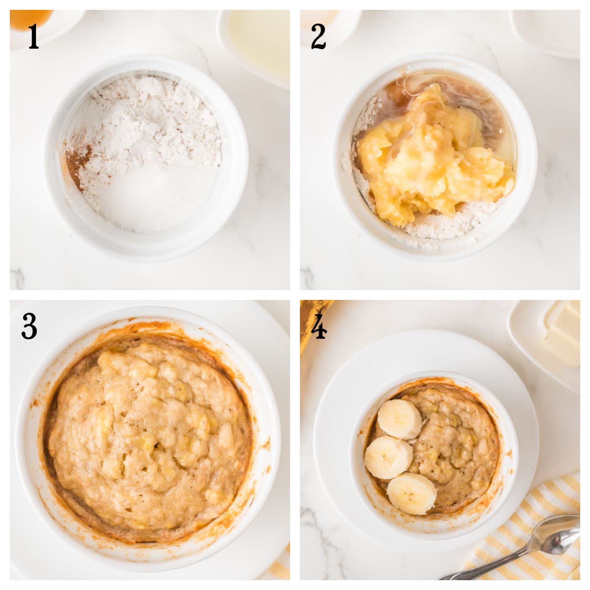 Four-step photo collage showing a single serving banana bread recipe: 1) dry ingredients in a ramekin, 2) wet ingredients added, 3) baked mixture, 4) finished cake topped with sliced bananas.