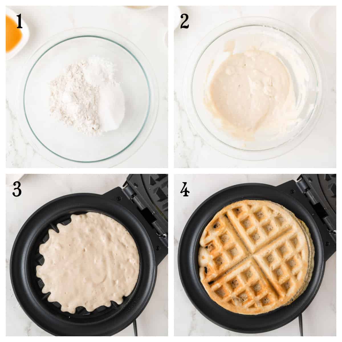 Four-step process of making waffles: dry ingredients in a bowl, batter mixed in a bowl, batter poured in a waffle maker, and a cooked waffle in the waffle maker.