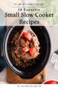 A spoonful of beef stew with chopped tomatoes is held over a small slow cooker, featured in a cookbook titled 19 Favorite Small Batch Slow Cooker Recipes.