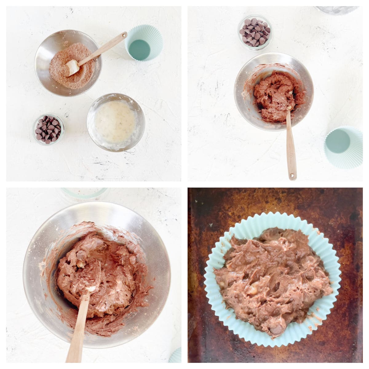 Four images show the process of making chocolate muffin batter: mixing dry and wet ingredients, combining them with chocolate chips, and the batter placed in a silicone muffin mold.