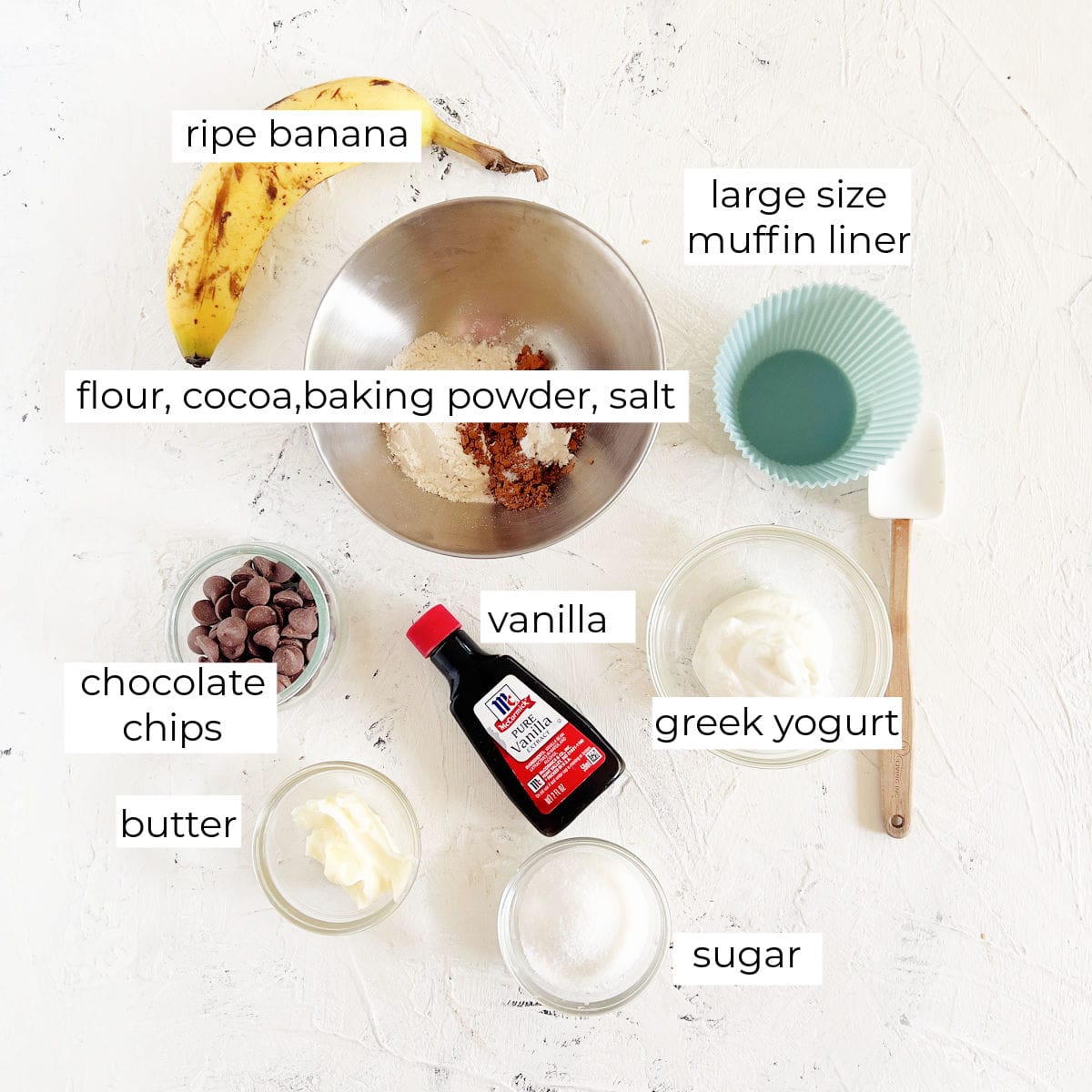 Overhead view of labeled baking ingredients including a ripe banana, flour mixture, chocolate chips, butter, vanilla, Greek yogurt, sugar, and a large muffin liner on a white surface.