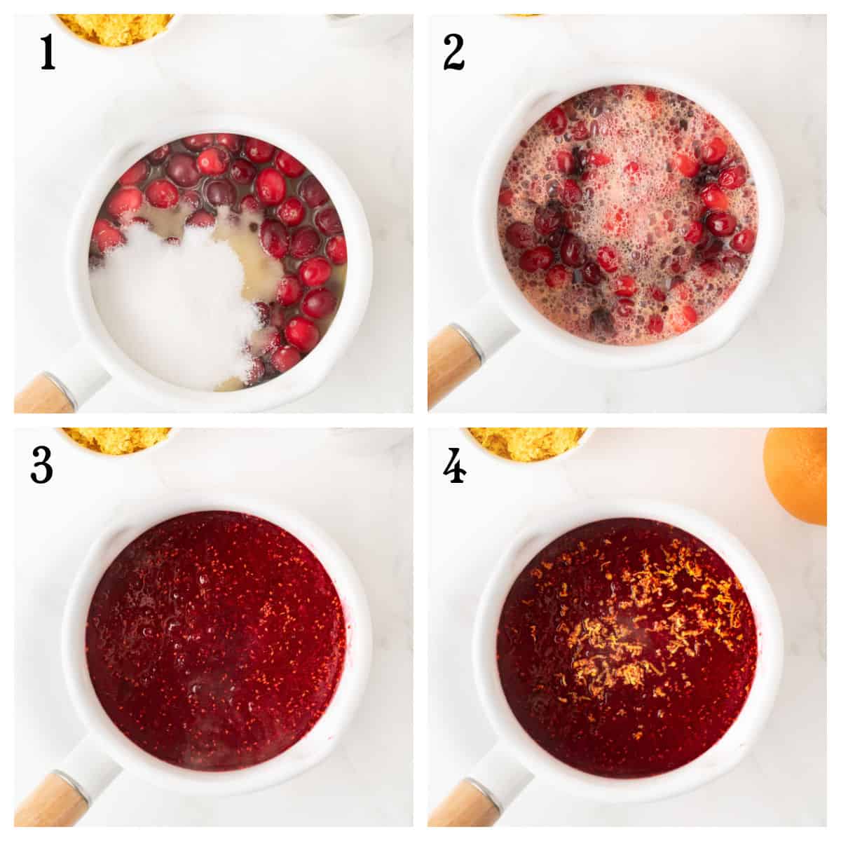 Four-step collage showing cranberry sauce making: cranberries and sugar in a pot, cranberries boiling, cranberries broken down and thickened, and finished sauce with orange zest on top.