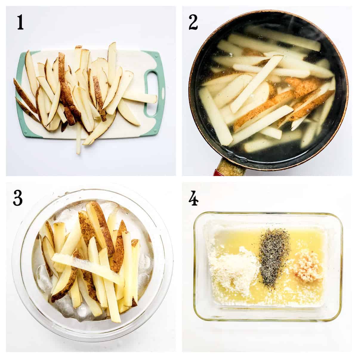 Four-step recipe for making seasoned garlic fries: sliced potatoes, soaking in water, an ice bath, then coating a small batch with oil, spices, and grated cheese in a dish.