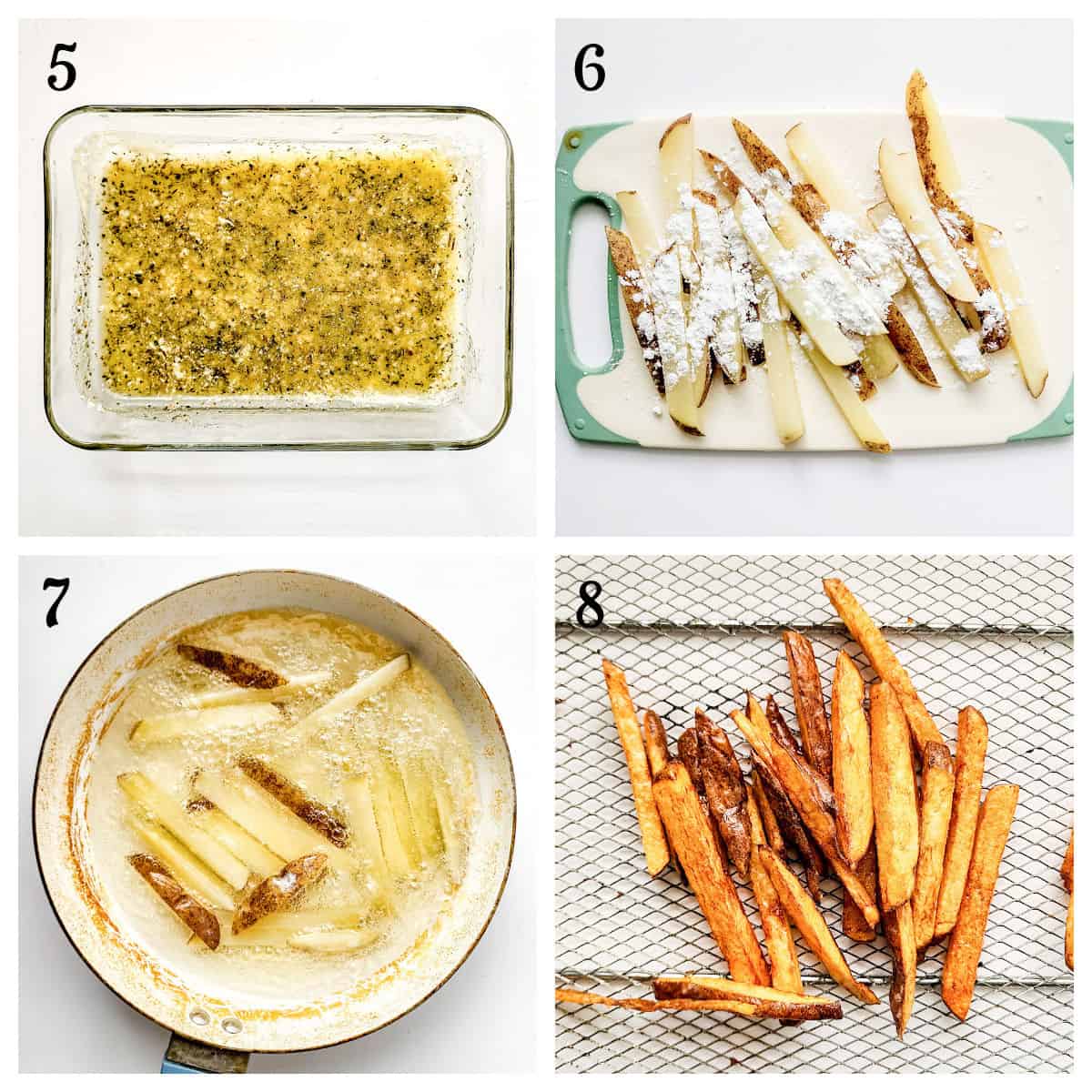 Step-by-step Garlic Fries recipe: soak sliced potatoes in seasoned water, coat with flour, fry in oil, and cool on a wire rack for a tasty small batch treat.
