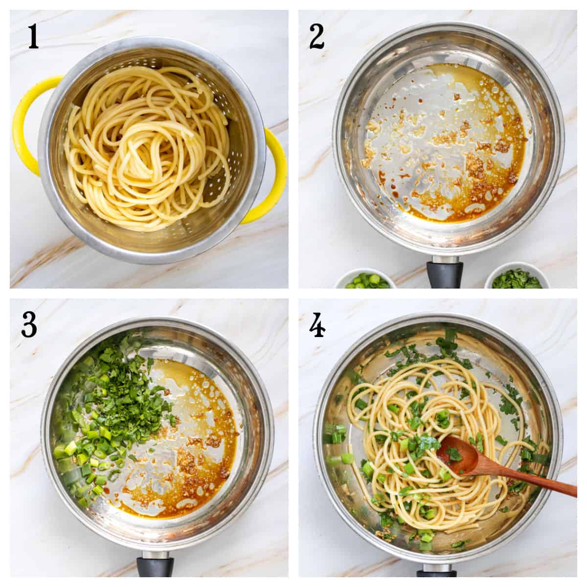 Four-step cooking process: cooked noodles in a colander, sauce cooking in a pan, chopped green onions added, and noodles mixed with green onions and sauce in the pan.