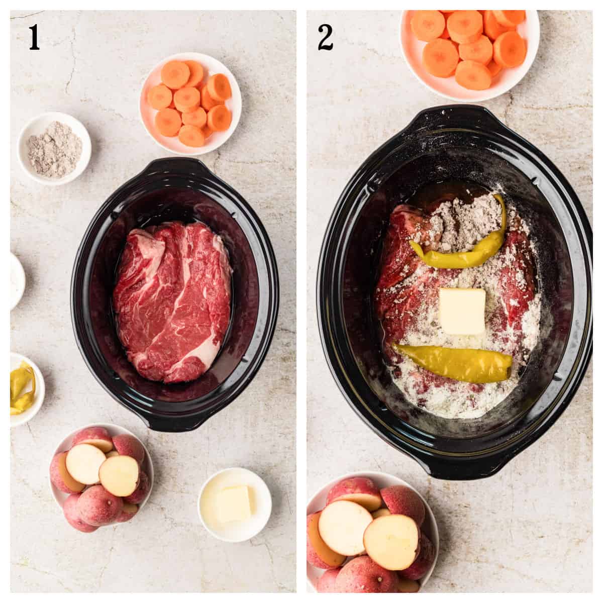 Side-by-side images show the steps for a slow cooker beef recipe: Image 1 has raw beef in a slow cooker with carrots, flour, potatoes, and butter nearby; Image 2 shows beef topped with flour, butter, and peppers.