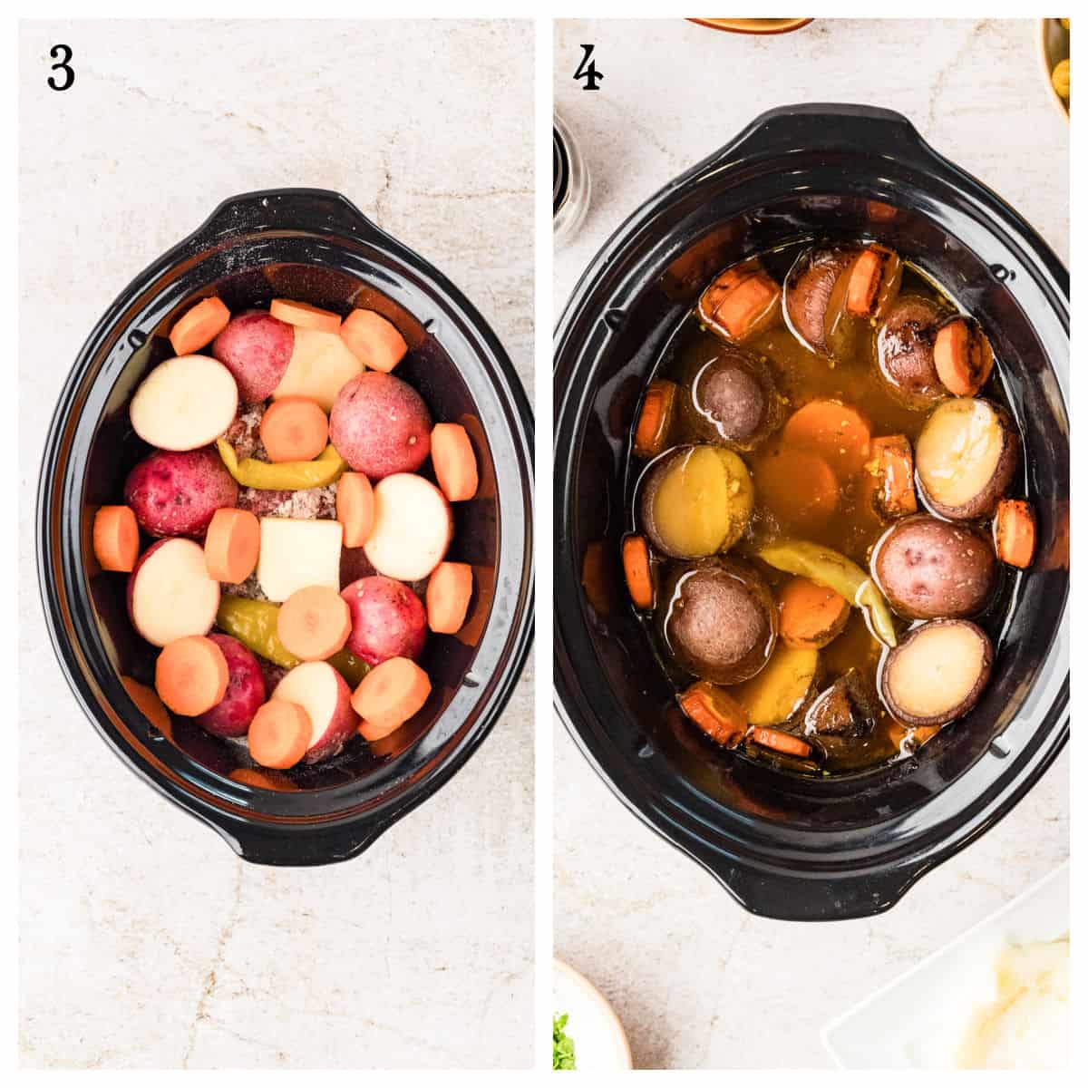 Side-by-side images of a slow cooker: left with raw potatoes, carrots, and meat; right with the same ingredients cooked in broth.