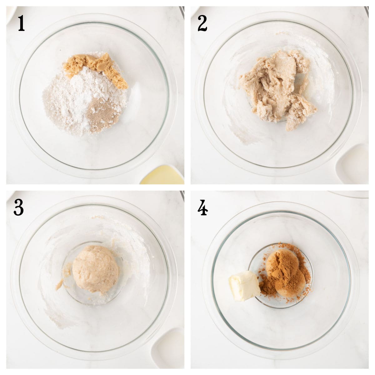 Four-step single cinnamon roll ingredients collage showing a mixing bowl: 1) Dry and wet ingredients added, 2) Partially mixed dough, 3) Formed dough ball, 4) Butter and cinnamon-sugar mixture added.