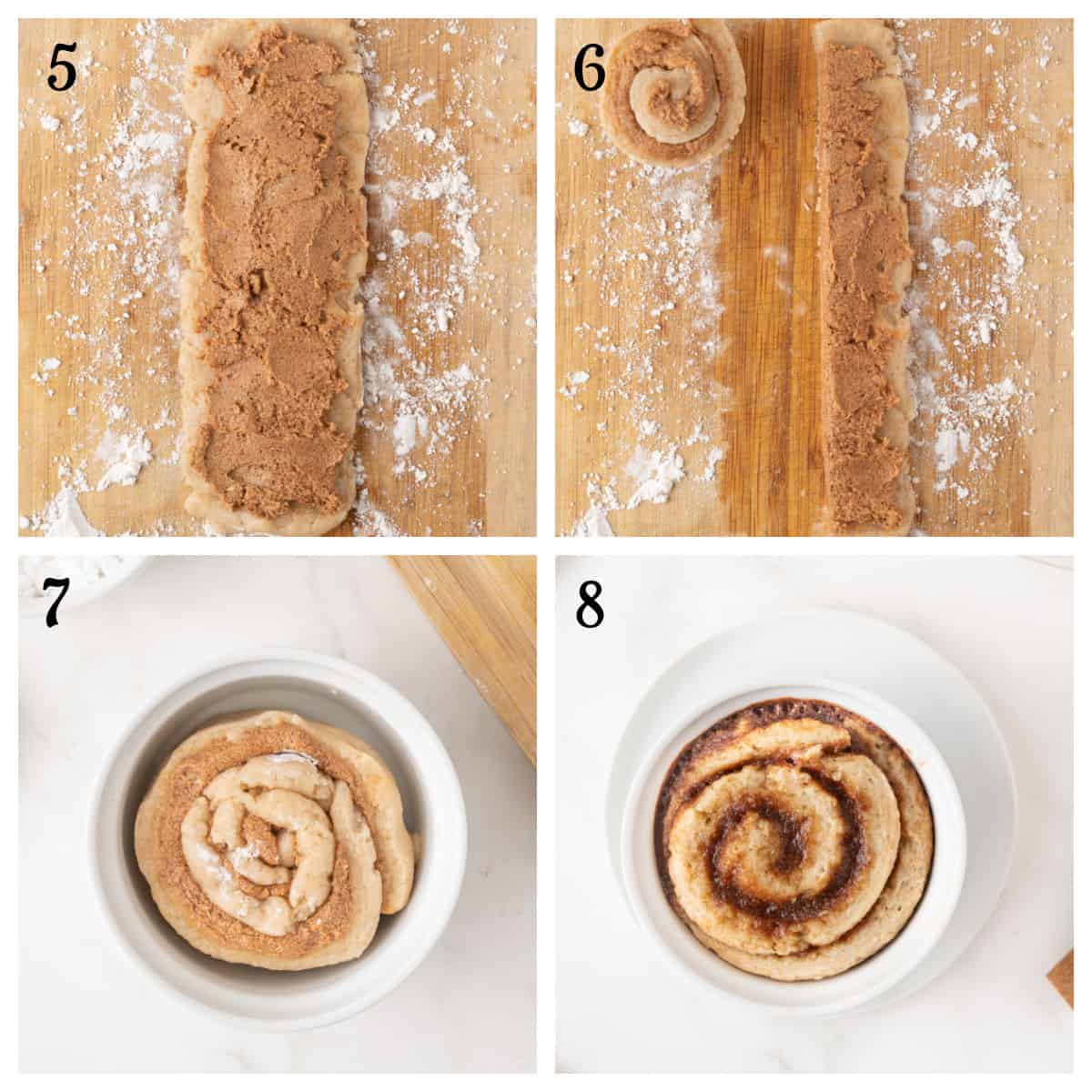 A four-step process of making a cinnamon roll: dough with filling, rolling up the dough, placing it in a pan, and the finished baked cinnamon roll. Each step is labeled 5 to 8.