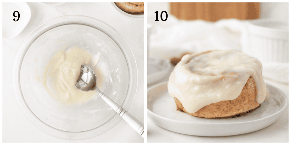 Image split in two: Left shows a bowl of white icing being mixed with a spoon. Right shows a cinnamon roll topped with icing on a white plate. Each part is labeled with the numbers 9 and 10.