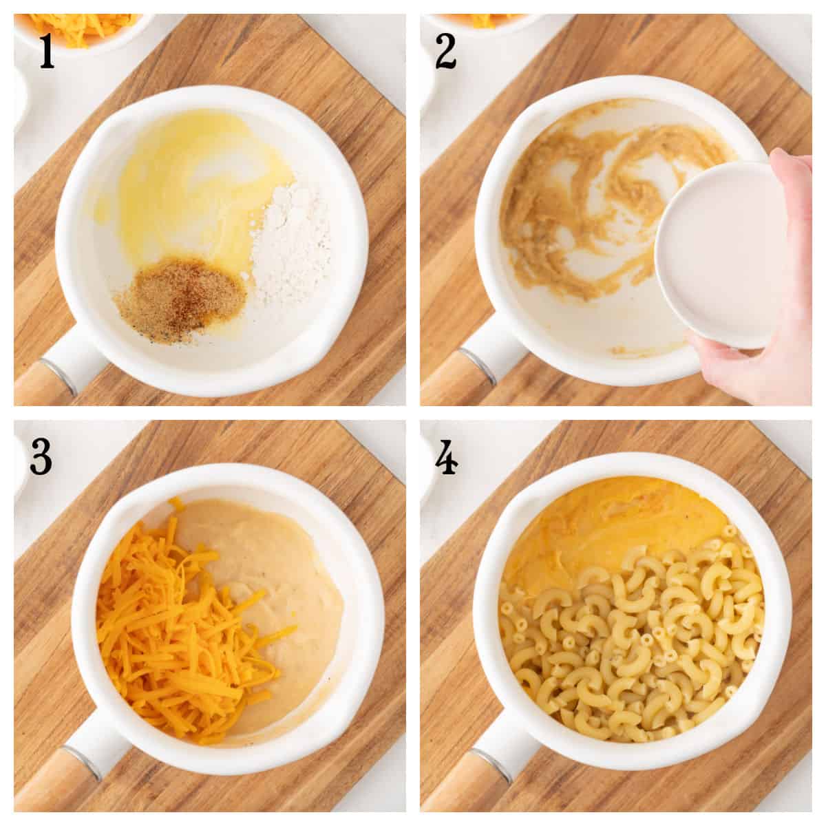Four-step process of making macaroni and cheese: mixing butter, flour, and seasonings; adding milk; stirring in cheese; combining with cooked macaroni in a saucepan.