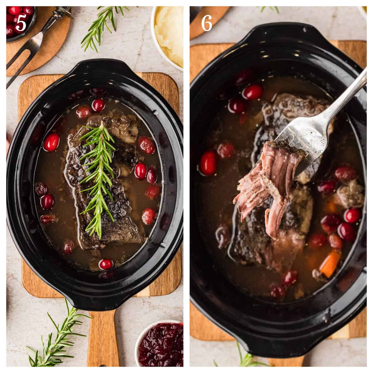 Two-panel image showing a pot roast in a slow cooker with cranberries, herbs, and vegetables. The right panel shows a fork shredding a piece of meat from the roast.